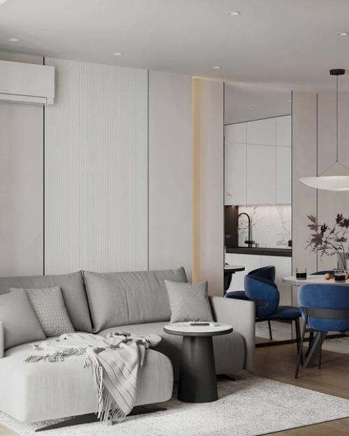 Кухня - гостиная в нейтральных оттенках с акцентной мебелью, площадь помещения 18 м. 04