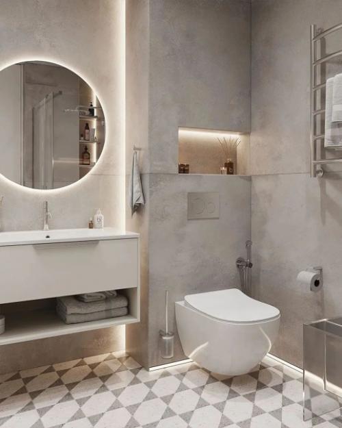 Интерьер санузла с душевой и ванной в спокойных бежевых тонах. 01