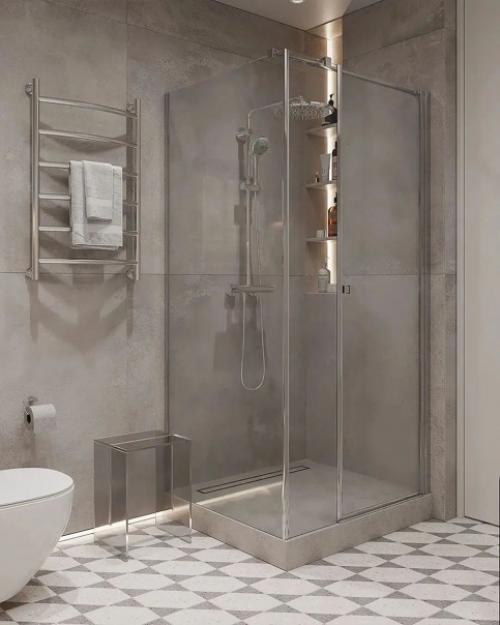 Интерьер санузла с душевой и ванной в спокойных бежевых тонах. 03