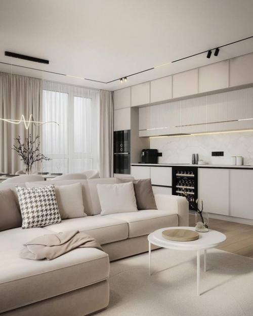 Современный светлый интерьер просторной кухни - гостиной. 01