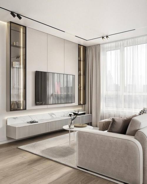 Современный светлый интерьер просторной кухни - гостиной. 04