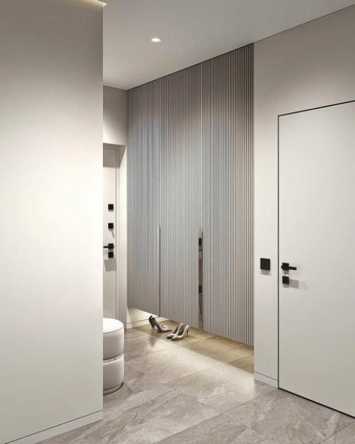 Современный светлый интерьер просторной кухни - гостиной. 08