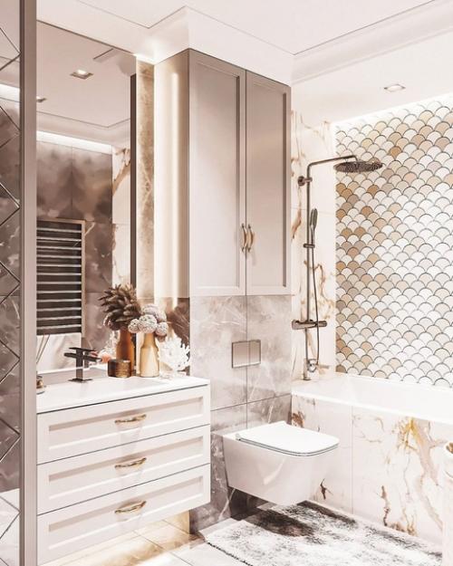 Очень нежная ванная комната на последних фото есть все размеры и название плитки. 02