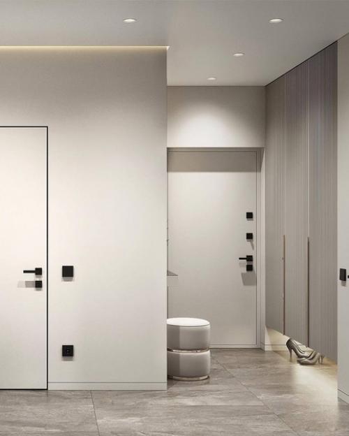 Современный светлый интерьер просторной кухни - гостиной. 06