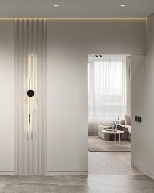 Современный светлый интерьер просторной кухни - гостиной. 05