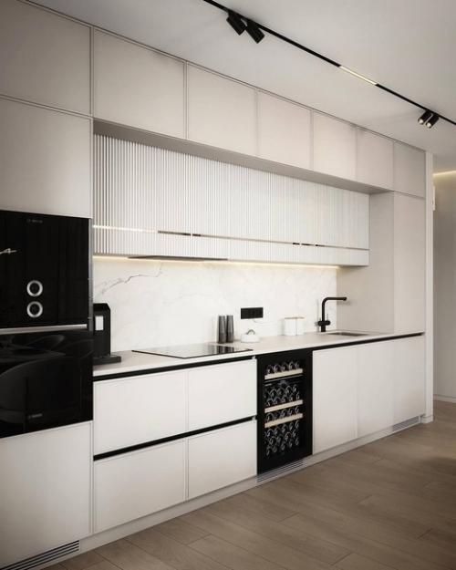 Современный светлый интерьер просторной кухни - гостиной. 07