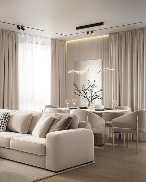 Современный светлый интерьер просторной кухни - гостиной. 02