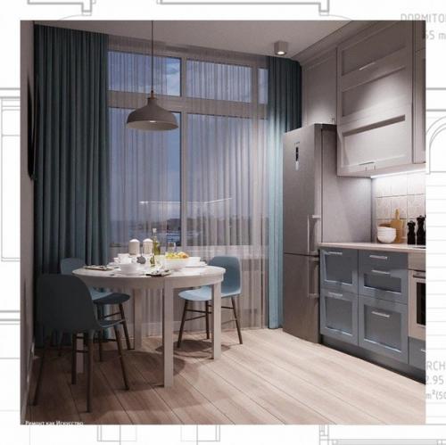 Кухонные шкафы и полки, столовая мебель и декоративные ткани в синем цвете выглядят эффектно, успокаивающе и свежо. 02