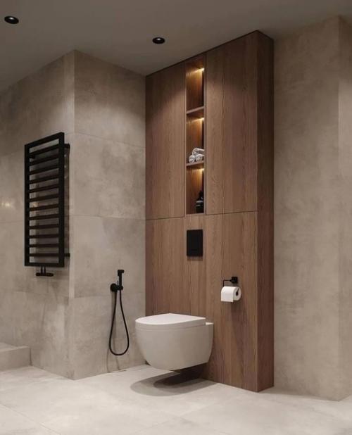 Однотонная плитка, темные аксессуары, белая ванна и продуманное освещение - вот что необходимо для элегантного и сбалансированного интерьера. 02