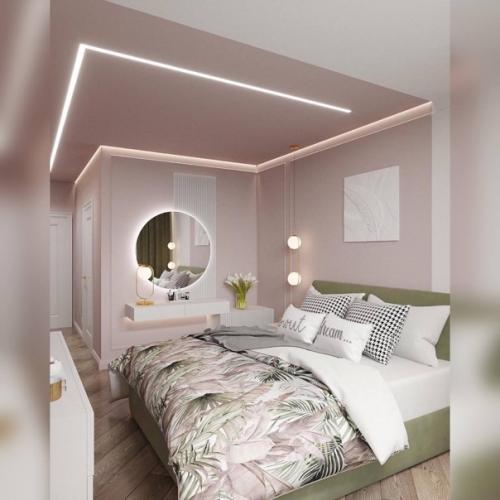 Мягкие пастельные тона, бархатистый зелёный и припыленный розовый, использование геометрии делают дизайн спальни уютным и изысканным. 01