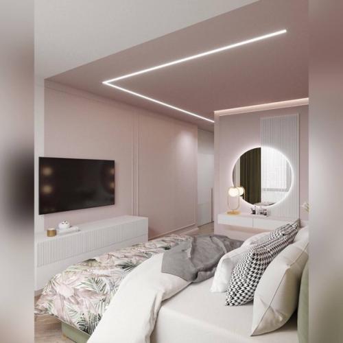 Мягкие пастельные тона, бархатистый зелёный и припыленный розовый, использование геометрии делают дизайн спальни уютным и изысканным. 04