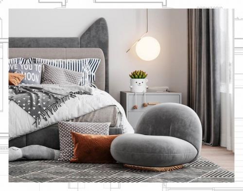 Светлый интерьер уютной спальни. 01