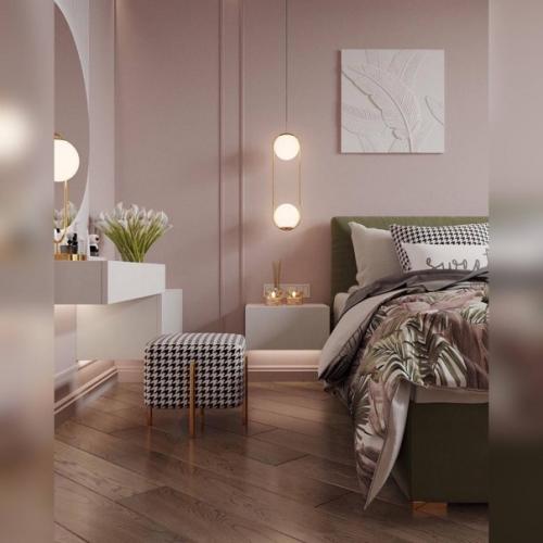 Мягкие пастельные тона, бархатистый зелёный и припыленный розовый, использование геометрии делают дизайн спальни уютным и изысканным. 05