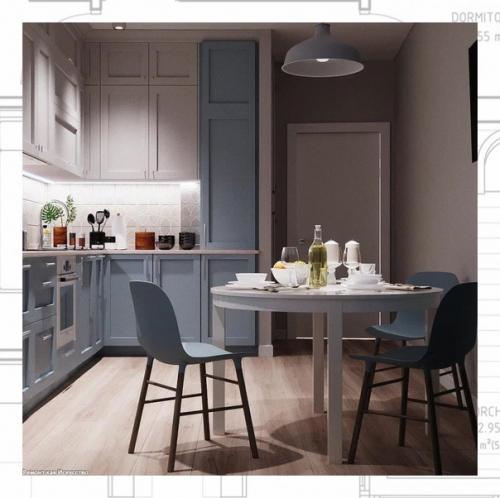 Кухонные шкафы и полки, столовая мебель и декоративные ткани в синем цвете выглядят эффектно, успокаивающе и свежо. 04