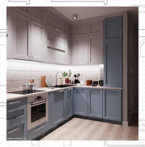 Кухонные шкафы и полки, столовая мебель и декоративные ткани в синем цвете выглядят эффектно, успокаивающе и свежо. 03