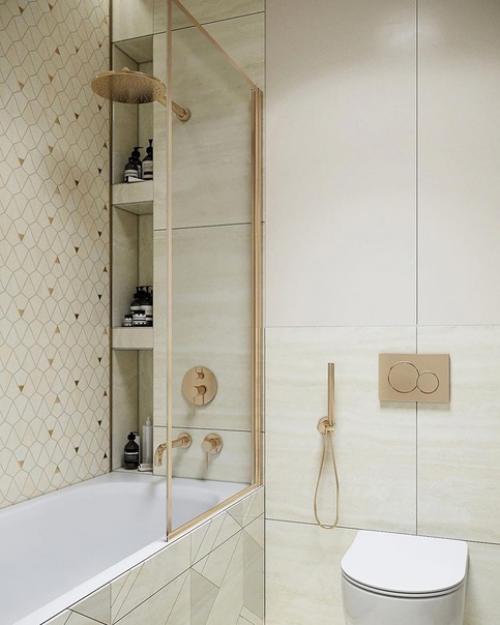 Тёплый бежевый интерьер в золотыми акцентами. 01