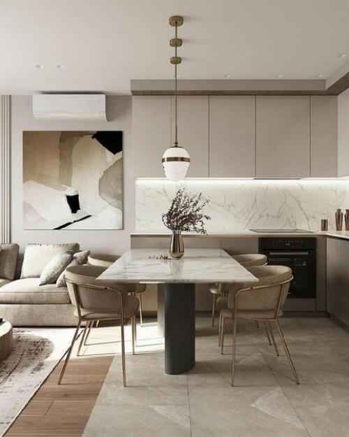 Теплый интерьер с отделкой из белого мрамора. 01