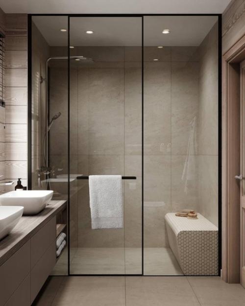 Интерьер ванной комнаты в загородном доме в приятных природных оттенках. 05