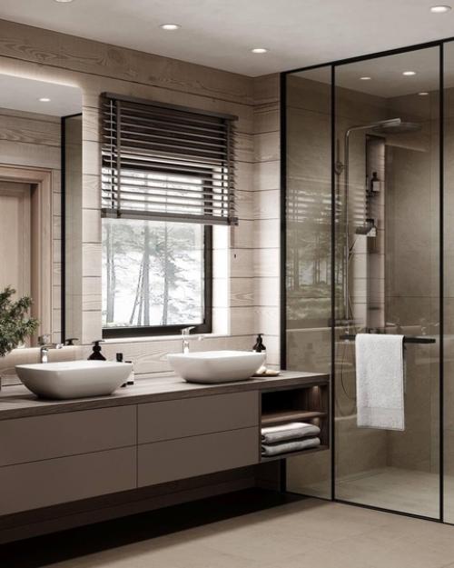 Интерьер ванной комнаты в загородном доме в приятных природных оттенках. 04