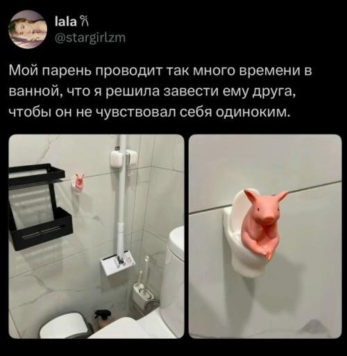 Парень проводит так много времени в ванной, что девушка решила, что ему явно не хватает компании. 

