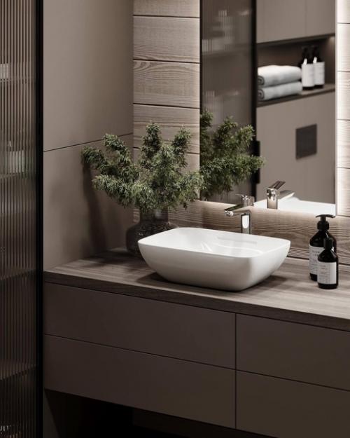 Интерьер ванной комнаты в загородном доме в приятных природных оттенках. 03