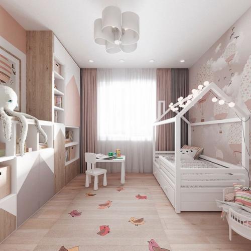 2 х - комнатная квартира с зонирование одной комнаты на гостиную - спальню и детскую. 06