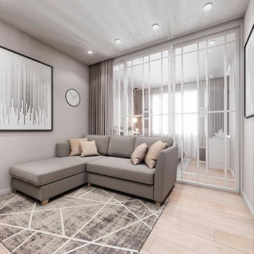 2 х - комнатная квартира с зонирование одной комнаты на гостиную - спальню и детскую. 02