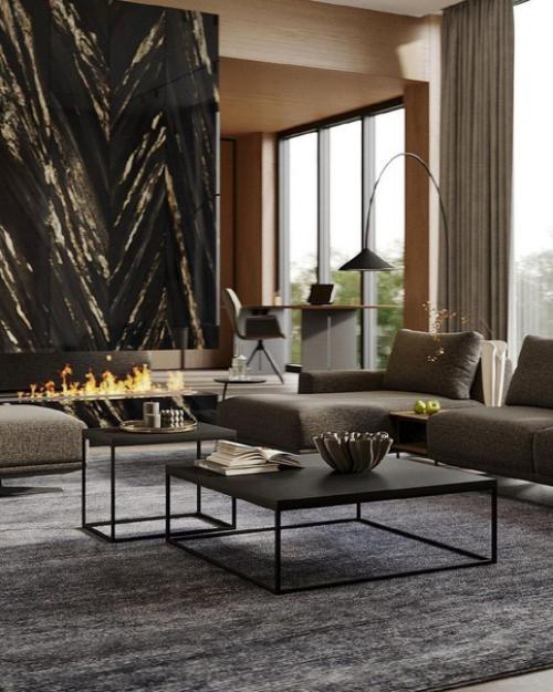 Строгий дизайн гостиной, но в спокойных приглушенных оттенках. 01