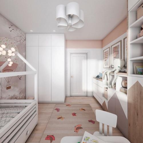 2 х - комнатная квартира с зонирование одной комнаты на гостиную - спальню и детскую. 07