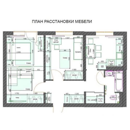 2 х - комнатная квартира с зонирование одной комнаты на гостиную - спальню и детскую. 08