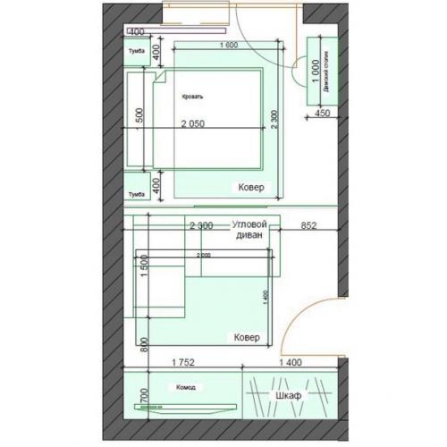 2 х - комнатная квартира с зонирование одной комнаты на гостиную - спальню и детскую. 09