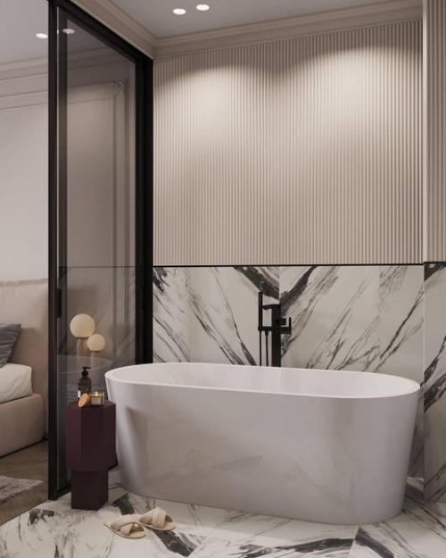 Стильный современный интерьер просторной ванной комнаты. 01