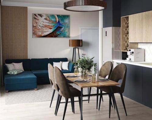 Стильный современный интерьер кухни - гостиной с яркими акцентами. 01