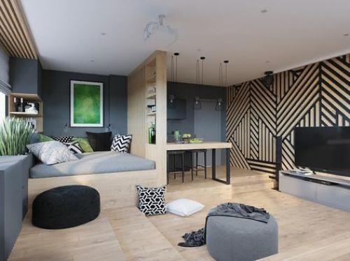 Создать на территории одной комнаты кухню, гостиную, спальное место и детский уголок. 01