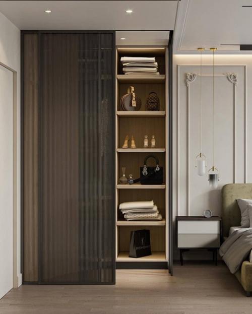 Интерьер спальни с гардеробной в светлых тонах. 05