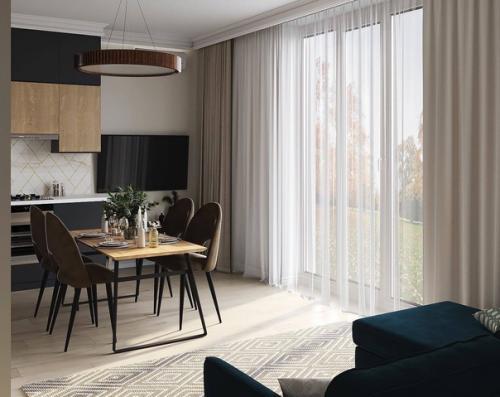 Стильный современный интерьер кухни - гостиной с яркими акцентами. 02