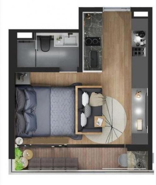 Создать на территории одной комнаты кухню, гостиную, спальное место и детский уголок. 07