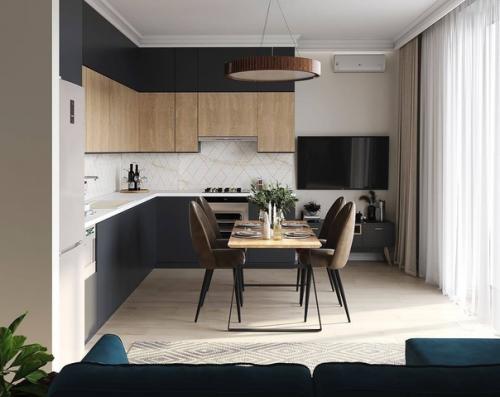 Стильный современный интерьер кухни - гостиной с яркими акцентами. 06