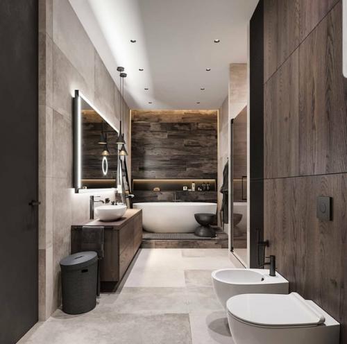 Как вам такой коричнево - бежевый просторный интерьер ванной комнаты? 02