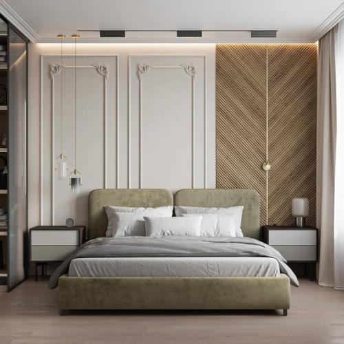 Интерьер спальни с гардеробной в светлых тонах. 01