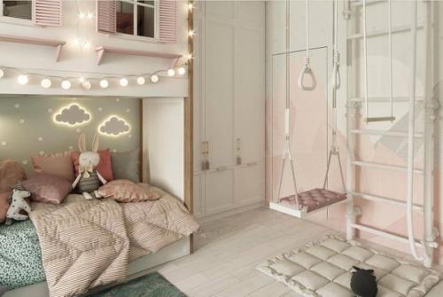 Уютный и светлый интерьер детской для разнополых детей 5 и 7 лет. 01