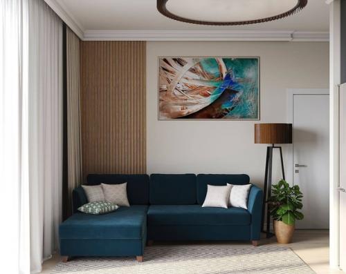 Стильный современный интерьер кухни - гостиной с яркими акцентами. 05