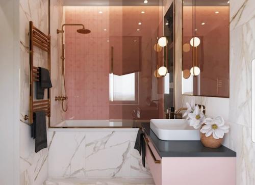 Интерьер ванной комнаты с розовыми и белыми оттенками, площадью 5. 2 кв. 01