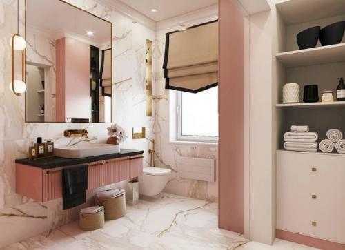 Интерьер ванной комнаты с розовыми и белыми оттенками, площадью 5. 2 кв. 02