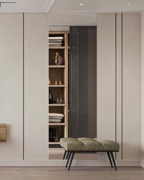 Интерьер спальни с гардеробной в светлых тонах. 03