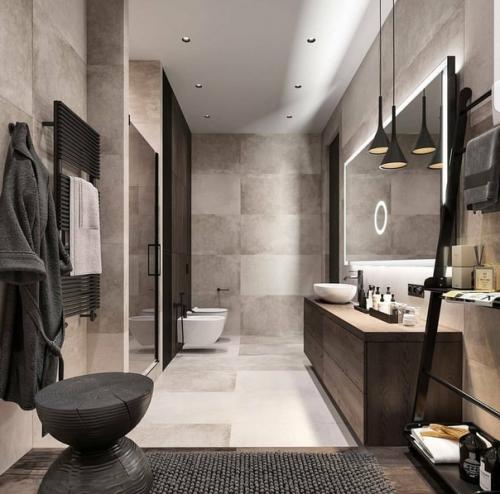 Как вам такой коричнево - бежевый просторный интерьер ванной комнаты? 01