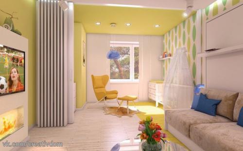 А как вам солнечная однокомнатная квартира в желтых тонах? 02