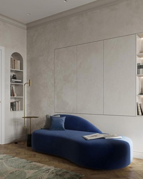 Зона гостиной.  Весь дизайн построен на контрасте четкой геометрии и округлых форм, плавных линий. 02