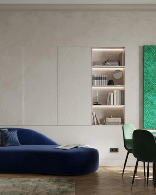 Зона гостиной.  Весь дизайн построен на контрасте четкой геометрии и округлых форм, плавных линий. 04