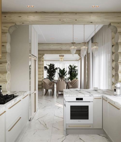 Светлый элегантный интерьер дома из бревна. 02